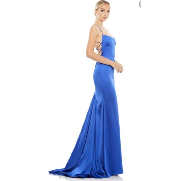 NEW Ieena For McDougal LACE UP BACK CHARMEUSE GOWN Women Size 8 Royal Color - Picture 3 of 4